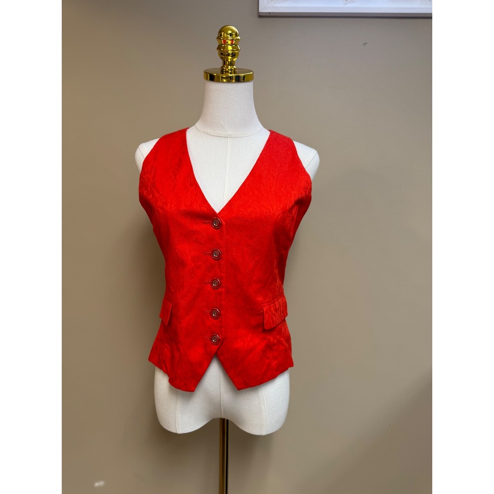 NWT NY Collection Red Jacquard V Neck Sleeveless Button Front Vest Size 8 - Picture 1 of 10